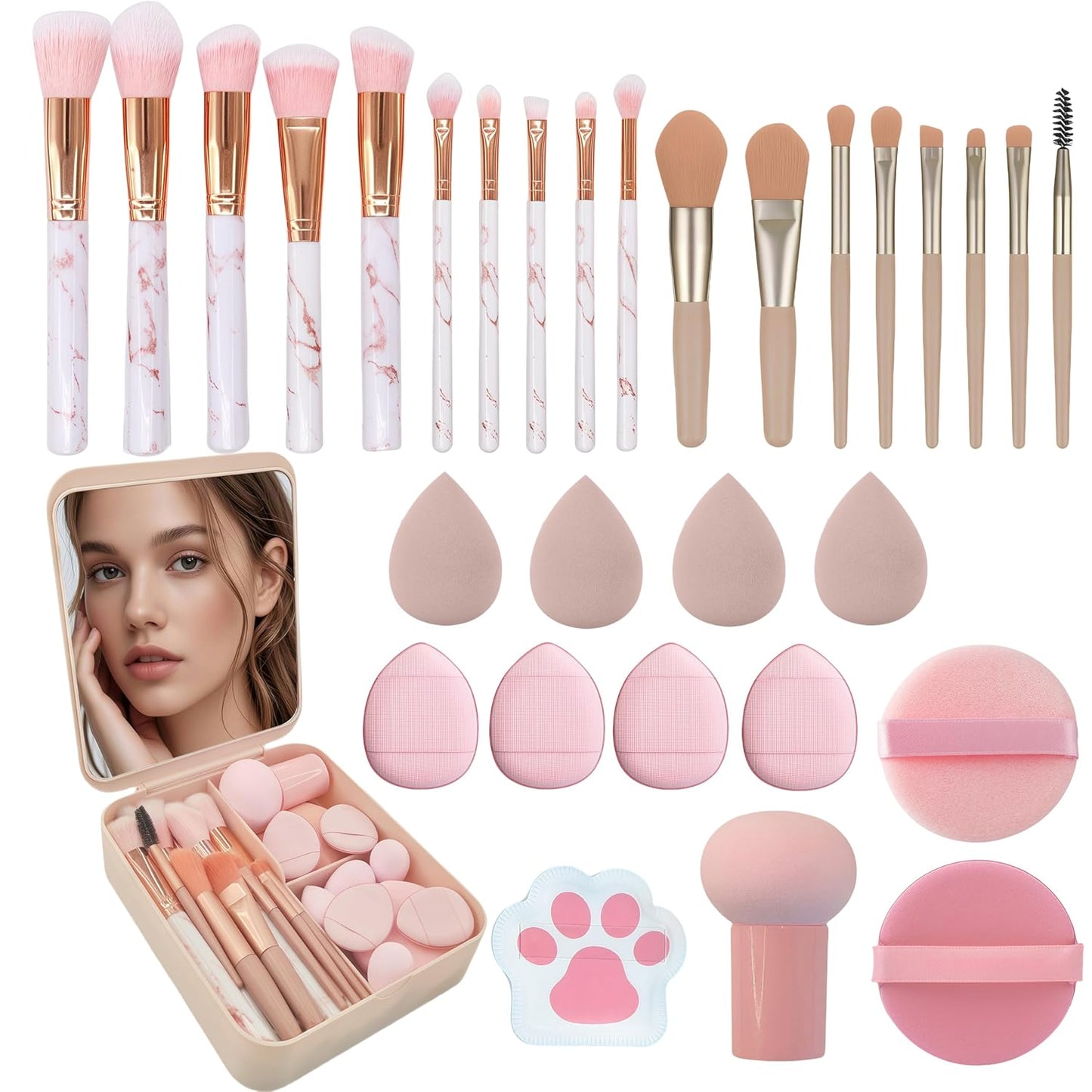 30 Pcs Makeup Brush Set with 12 Pcs Blending Sponge & Mirror