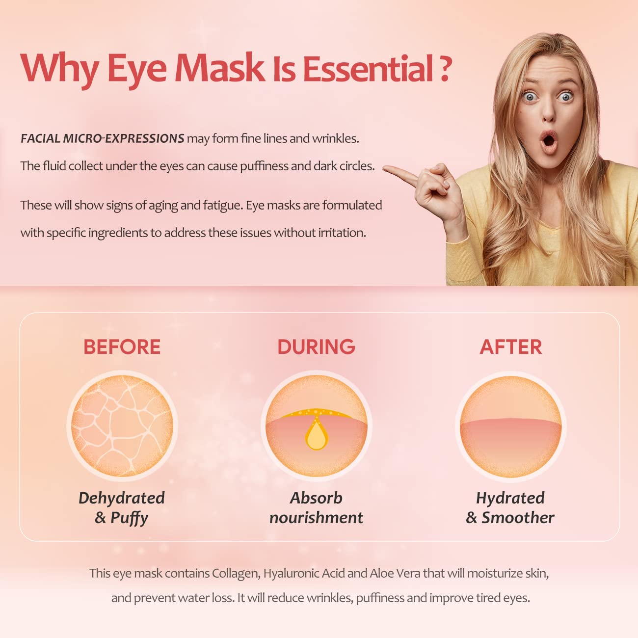 24K Gold Eye Mask with Hyaluronic Acid & Collagen, Reduce Wrinkles
