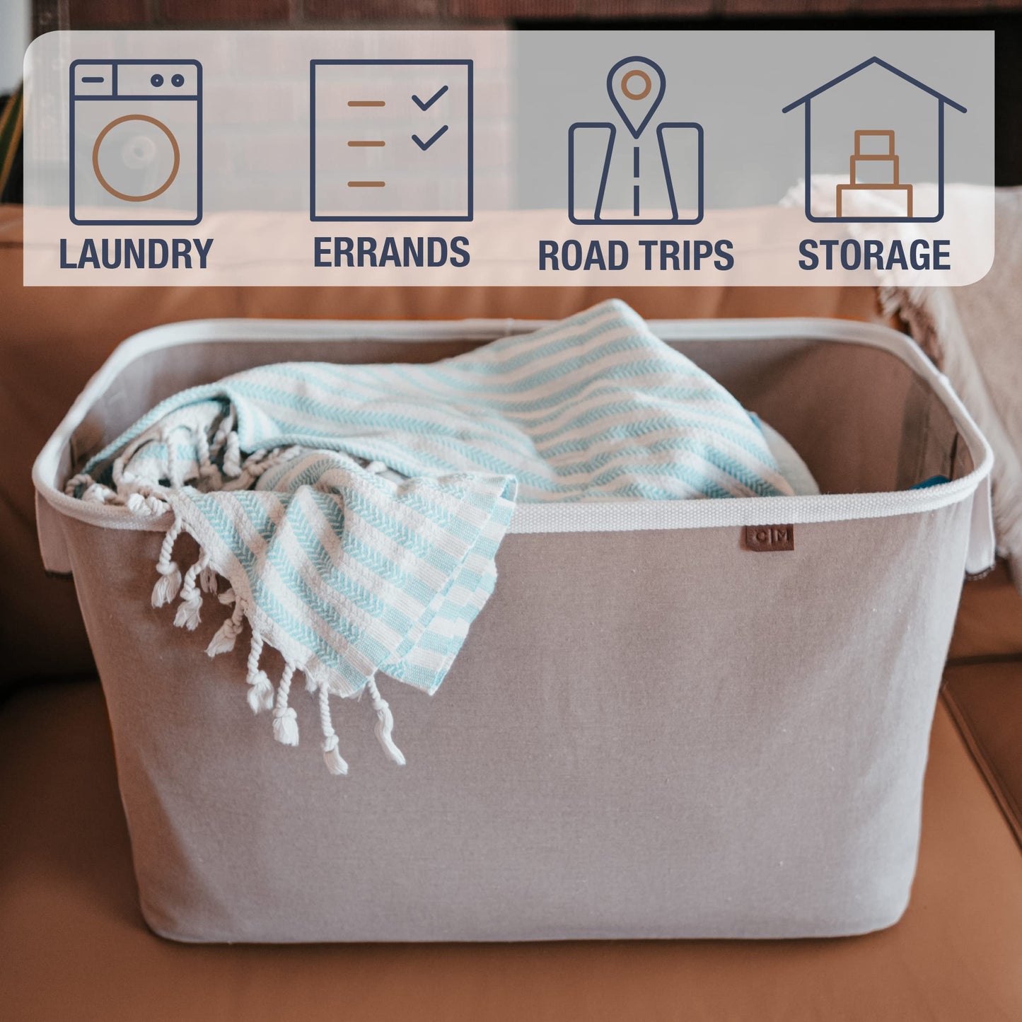 Collapsible Laundry Basket Hamper - LUXE Cream Herringbone 2Pack 60L