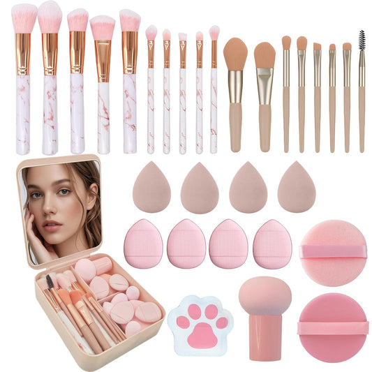 30 Pcs Makeup Brush Set with 12 Pcs Blending Sponge & Mirror
