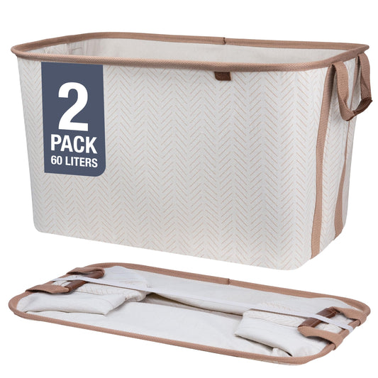 Collapsible Laundry Basket Hamper - LUXE Cream Herringbone 2Pack 60L